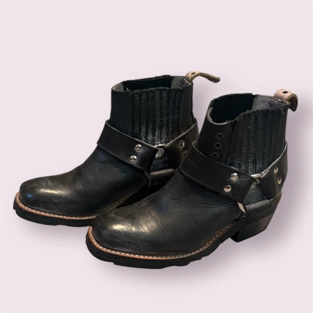 Freebird | Whiskey Black Leather Harness Ankle Boots Moto Size 6 - Picture 5 of 12